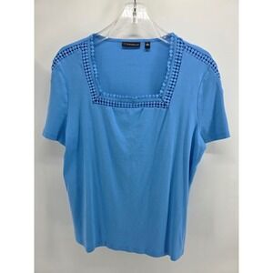 Rafaella Top Women XXL Blue Square Neck Crochet Trim Short Sleeve Cotton T-Shirt